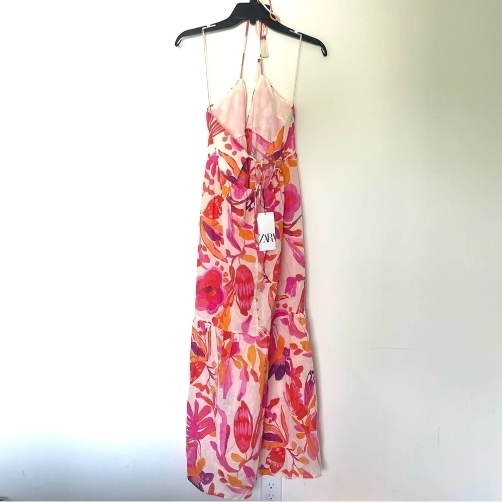 New ZARA Long Multicolored Print Midi Dress